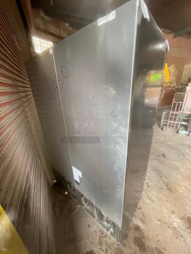Kool-It 2022 black double glass door refrigerator, poly-coated wire racks, SN: H89228500756, 115V 1 phase, commercial use.