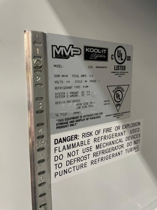 Kool-It 2022 commercial fridge label showing model and safety details. Serial: H89228500756. 115V, 1 phase.