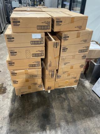 Full pallet of Libbey 46504M clear blue 17 oz. iced tea glasses, 3-dozen per case, new condition, stacked in labeled boxes.