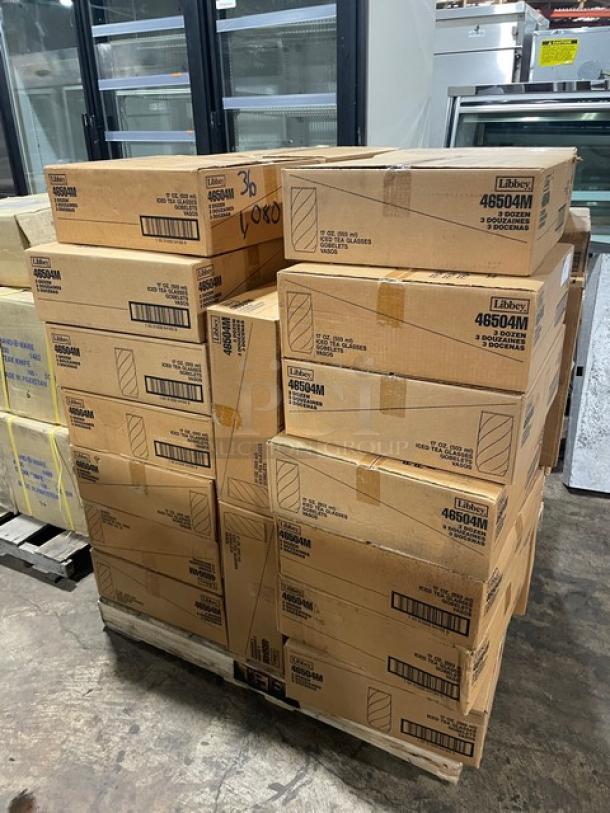Pallet of new Libbey Model 46504M blue-tinted 17 oz. iced tea glasses, 3-dozen per case, multiple boxes, unopened condition.