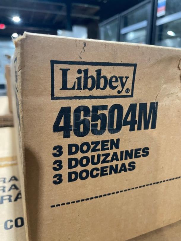 Libbey 46504M iced tea glasses, clear blue tint, 17 oz, 3 dozen per case, new. Box labeled in English, French, Spanish.