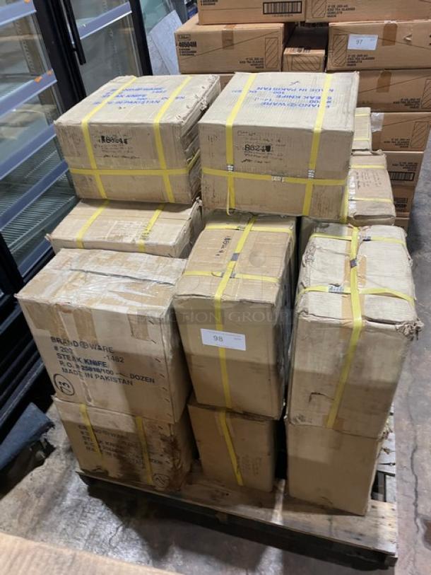 Full pallet of Brand Ware by Libbey Model 2001482 steak knives. New, 100-dozen per case, wooden grip handle, boxed.