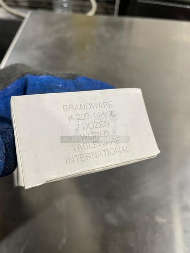 Box of Brand Ware #200-148/2 steak knives, stainless steel, wooden handle, 2-dozen per case, World Tableware International.