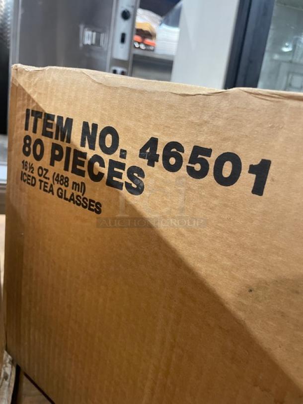 Full pallet of commercial clear 16.5 oz iced tea/water glasses, 80 per case, Model 46501, new condition.