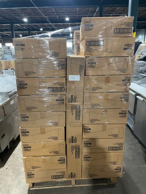 Pallet of Libbey 46504M Sirrus Blue 17 oz. glasses, new condition, 3 dozen per case, stacked in warehouse.