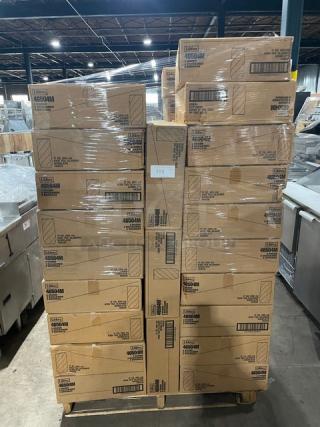Pallet of Libbey 46504M Sirrus Blue 17 oz. glasses, new condition, 3 dozen per case, stacked in warehouse.