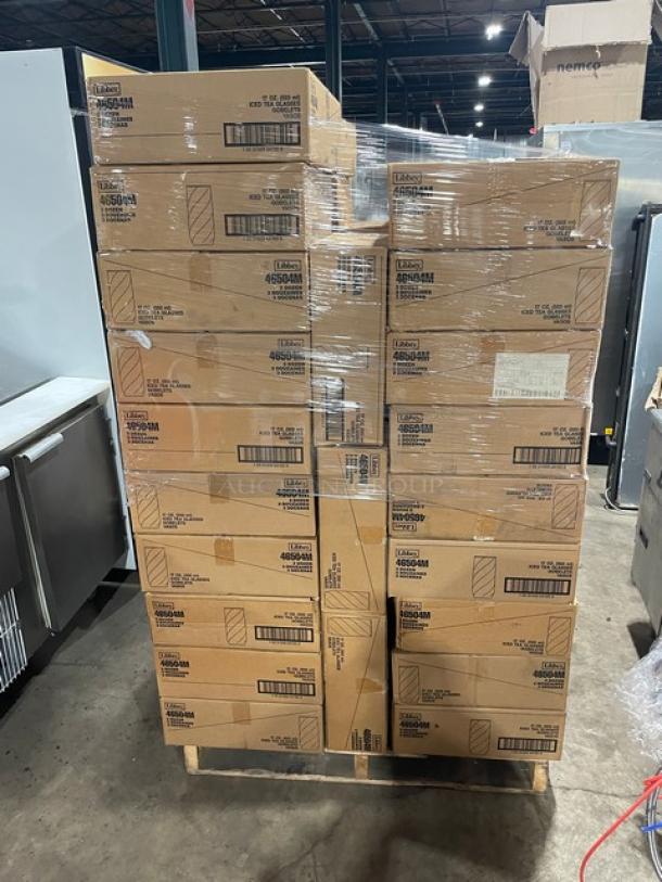 Pallet of 17 oz. Libbey Sirrus Blue Glasses, Model 46504M, new in boxes. Three dozen per case, wrapped and stacked.