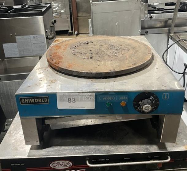 Uniworld Commercial Stainless Steel Electric Crepe Maker, Model UMPE-CH, features 15.75" carbon steel plate, thermostatic control. Signs of wear on plate.