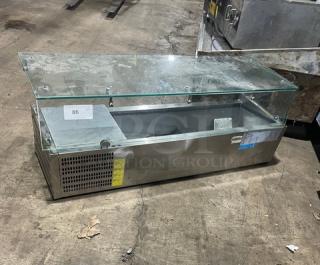 Omcan THV1200380 refrigerated benchtop merchandiser, stainless steel, glass top, electric-powered, 110V, used condition.