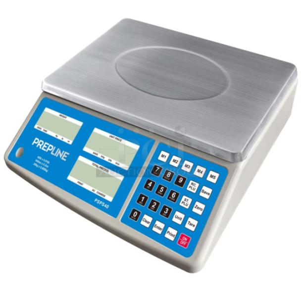 Brand New Prepline PSPS40 commercial-grade 40lb digital scale, stainless steel finish, 115V 1 Phase, keypad, and display.