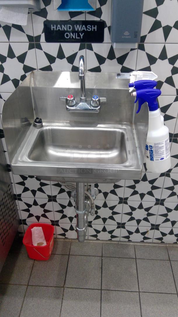 John Boos PBHS-W-1410-SSLR stainless hand sink with faucet, wall-mounted, good condition. "Hand Wash Only" sign visible.