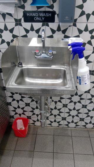 John Boos PBHS-W-1410-SSLR stainless hand sink with faucet, wall-mounted, good condition. "Hand Wash Only" sign visible.