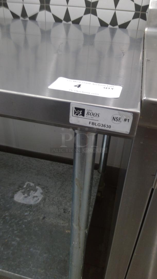 Boos 3' stainless steel table with casters, model FBLG3630, featuring NSF certification. Visible label includes Boos branding.