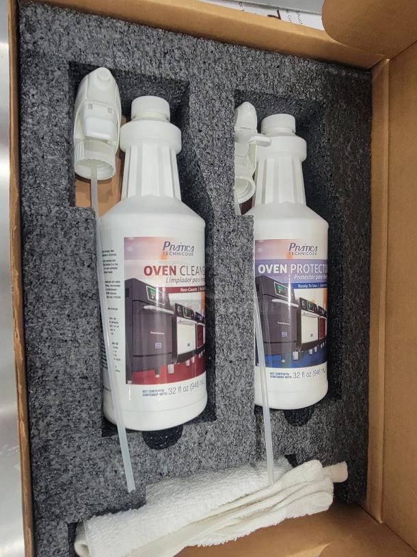 Practica Copa Express oven cleaner set in packaging. Includes two 32 oz bottles, cleaner labels visible, white cleaning cloth.