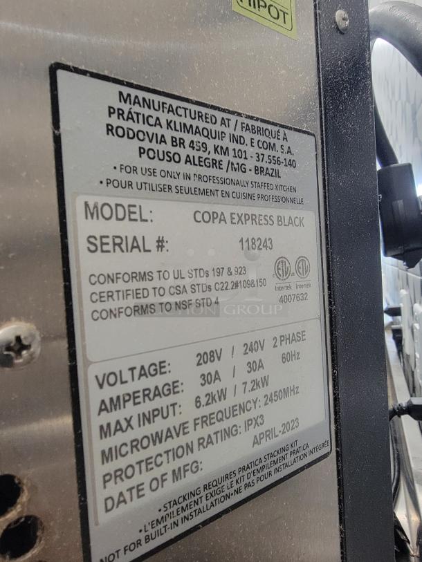 Practica Copa Express High Speed Oven, model Copa Express Black. Serial #118243, voltage 208V/240V, manufactured April 2023.