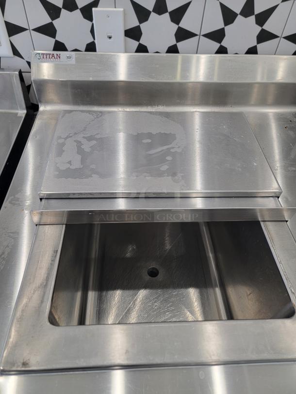 TITAN 3' cold well work station with drain sink, stainless steel, visible TITAN and NSF labels, used condition.