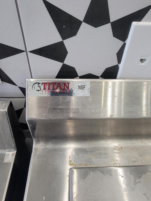 Titan 3' cold well work station with drain sink, stainless steel, NSF certified, showing brand logo.