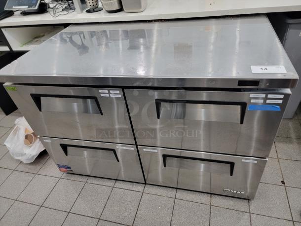 Turbo Air TWR-48SD-D4-N undercounter 4 drawer work top fridge, stainless steel, gently used, labeled drawers.