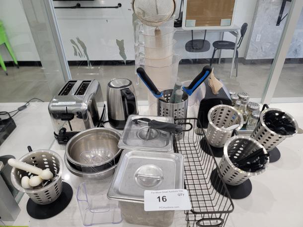 Restaurant/Cafe Kitchen Essentials Lot featuring a toaster with "gluten-free" label, kettle, utensils, and more in good, used condition.