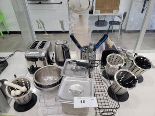 Restaurant/Cafe Kitchen Essentials Lot featuring a toaster with "gluten-free" label, kettle, utensils, and more in good, used condition.