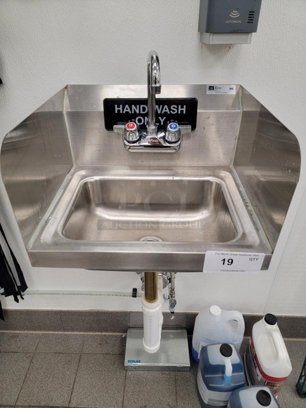 John Boos PBHS-W-1410-SSR stainless steel wall-mount hand sink, NSF certified, featuring hot and cold faucets, "HAND WASH ONLY" sign.