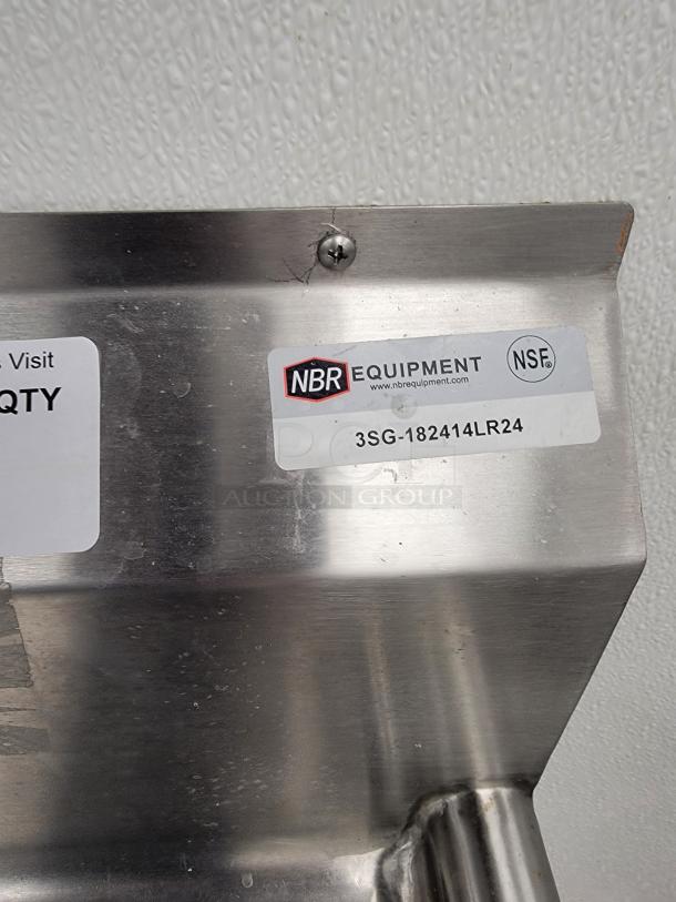 NBR Equipment 3-compartment stainless steel sink with integrated drainboards, model 3SG-182414LR-24, NSF certified.