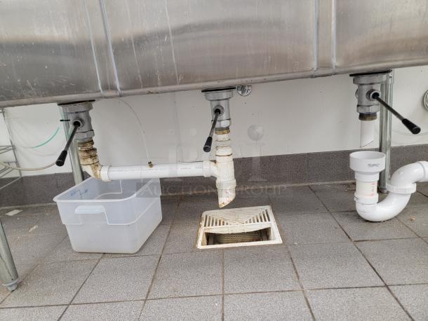 NBR Equipment 3-compartment stainless steel sink, model 3SG-182414LR-24, shown with undersink plumbing and drain setup.