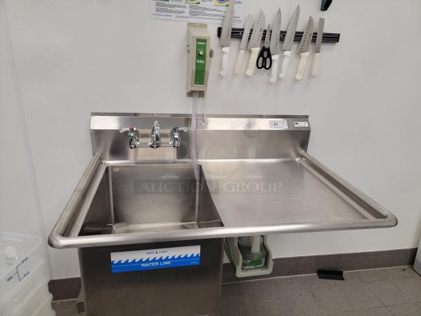 John Boos stainless steel prep sink, model E1S8-1824-14R-24, with commercial faucet, spray nozzle, and bonus knife set.