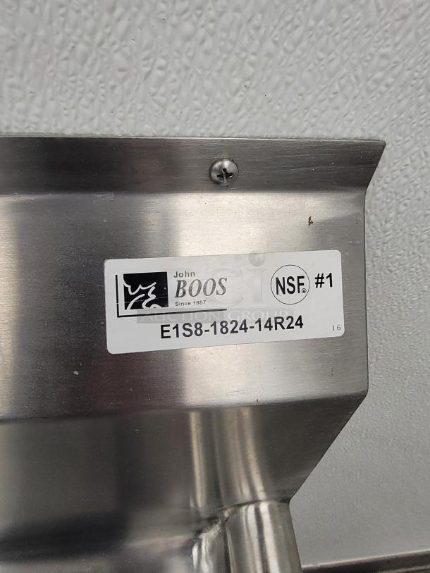 John Boos stainless steel prep sink model E1S8-1824-14R-24, NSF certified, with visible label.