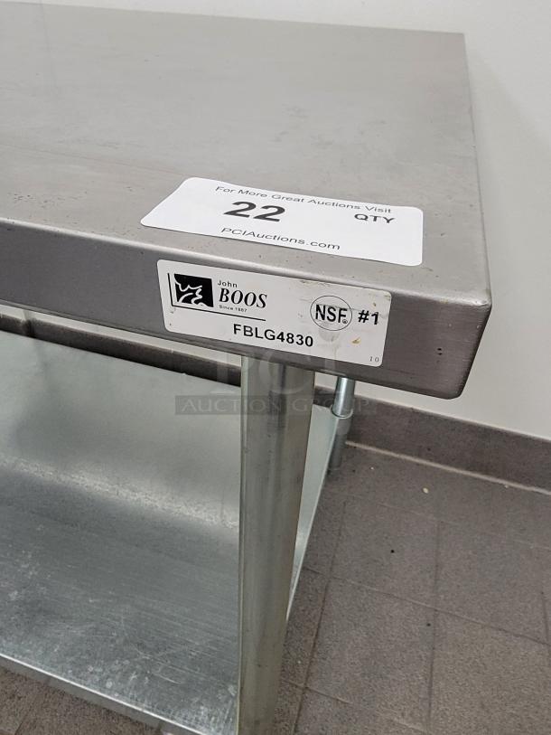 John Boos stainless steel prep table, model FBLG4830, 48"W x 30"D, great condition, galvanized base, NSF certified.