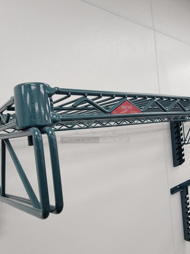 Metro Green Epoxy Wall-Mount Wire Shelving, adjustable, robust, corrosion-resistant, approx. 40 linear feet, perfect for commercial use.