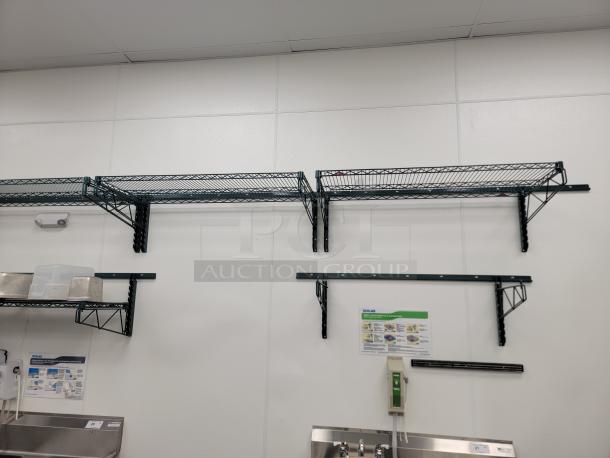 Metro Green Epoxy Wall-Mount Shelving, adjustable, 40 linear feet. Durable, corrosion-resistant. Ideal for commercial use.