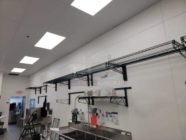 Metro Green Epoxy Wall-Mount Shelving, approx. 40 linear feet, adjustable, corrosion-resistant, ideal for commercial use.