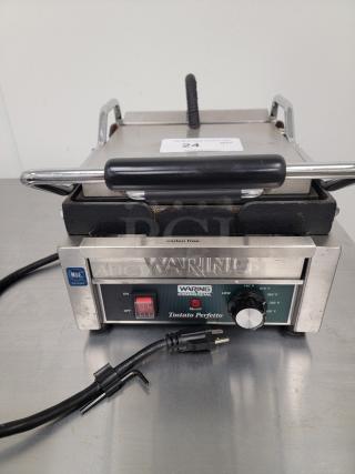 Waring Commercial Panini Grill, Model UNP0200A-161, durable build, even heating, ideal for professional kitchens.