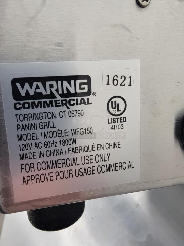 Waring Commercial Panini Grill label showing model WFG150, 120V AC, 60Hz, 1800W, for commercial use, UL listed.