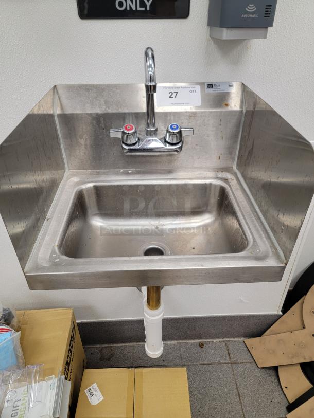 John Boos Commercial Wall Mount Hand Sink, NSF-certified, stainless steel, model PBHS-W-1410-SSLR, dual faucets, item 27.
