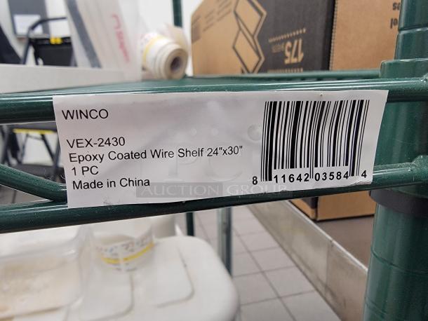 Winco VEX-2430 4-tier epoxy-coated wire shelf, durable storage, suitable for kitchens or garages. Dimensions: 24"x30". Made in China.