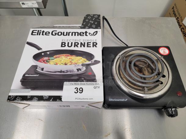 Elite Gourmet ESB100B electric single burner, lightly used, with box. Compact, portable; ideal for extra cooking needs.