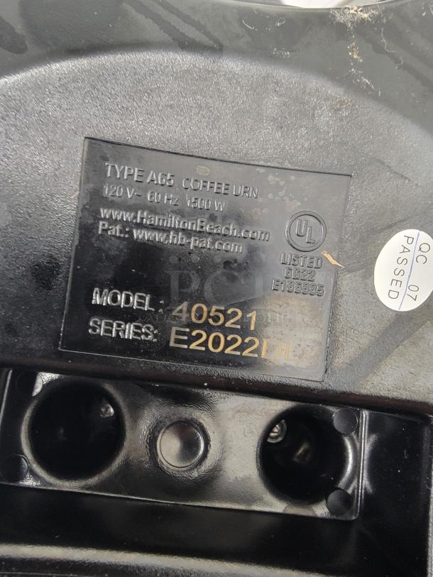 Hamilton Beach Commercial Coffee Urn model 40521 label showing Type A65, 120V, 60Hz, 1500W specs, and UL listed marking.