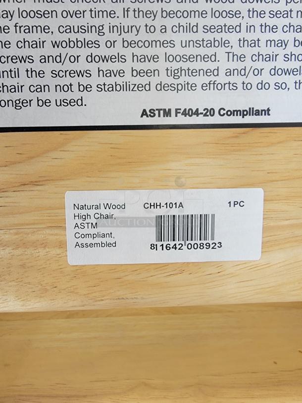 Winco natural wood commercial high chair, ASTM F404-20 compliant, durable for restaurant or home use, labeled CHH-101A.