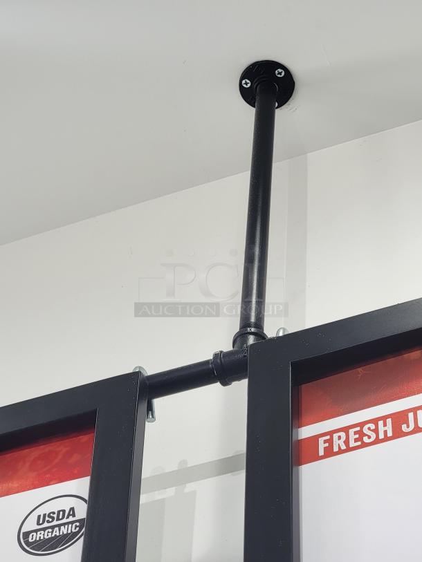 Massive commercial menu board system with 6 detachable 26" x 38" signs. Ceiling-mounted, perfect for restaurants.