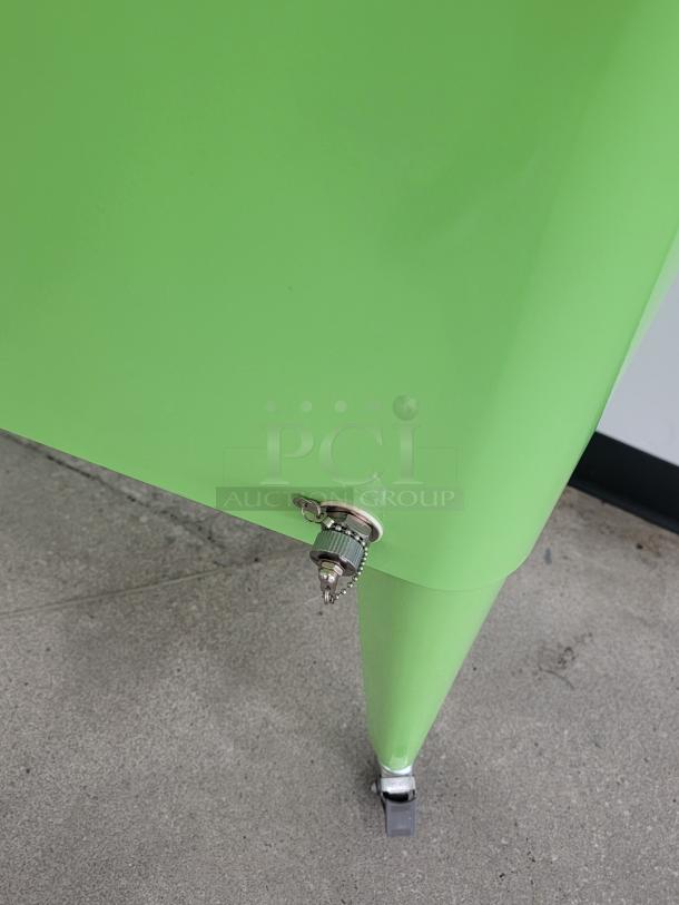 Vibrant green portable outdoor cooler with wheels, large capacity, perfect for events, patios, and food trucks.