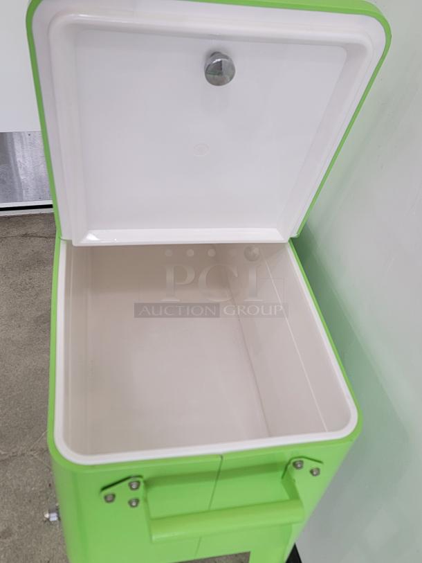 Vibrant green portable cooler on wheels with open lid, large capacity. Ideal for outdoor events and home entertaining.