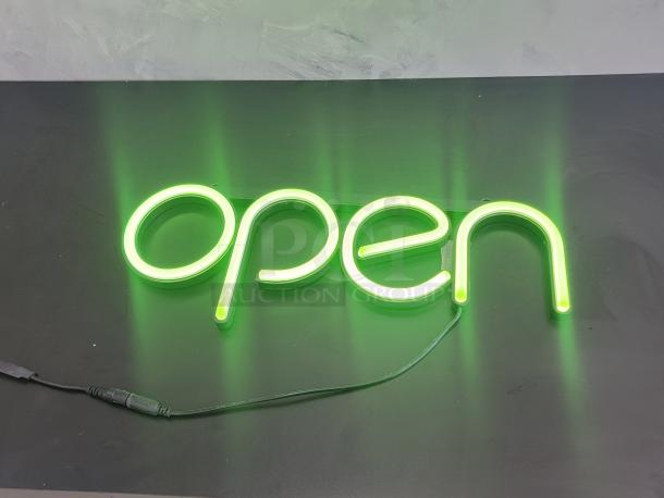 Bright green electric "Open" sign with neon effect, perfect for storefront visibility; includes power cord.