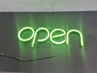 Bright green electric "Open" sign with neon effect, perfect for storefront visibility; includes power cord.