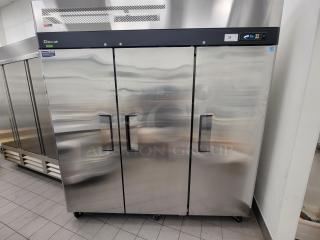 Turbo Air M3R72-3-N 3-door commercial refrigerator in excellent condition, shown in a kitchen setting.