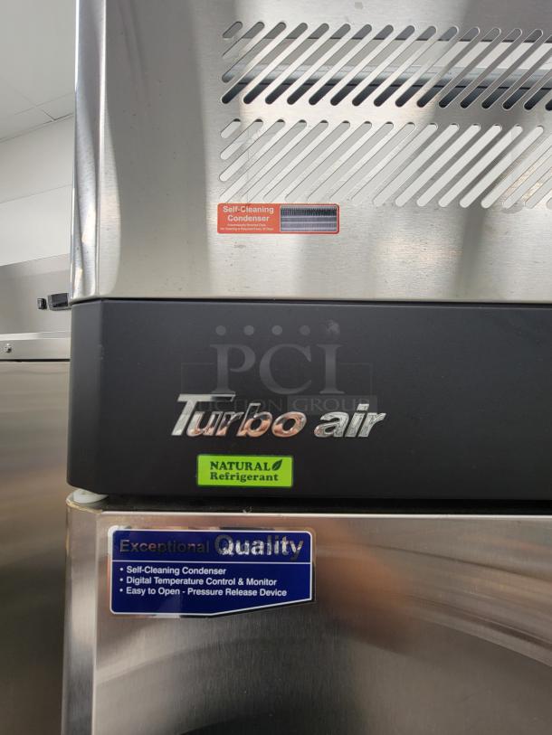 Turbo Air M3R72-3-N commercial refrigerator, 3-door, stainless steel, self-cleaning condenser, excellent condition.