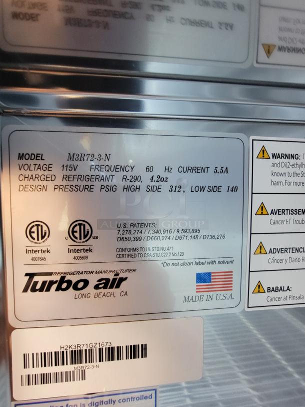 Turbo Air M3R72-3-N 3-door refrigerator label. Voltage 115V, frequency 60Hz, refrigerant R-290, made in USA.