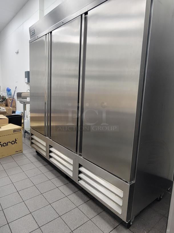 Supera PCF3-SI-HC 3-door commercial refrigerator, stainless steel, ideal for high-volume kitchens, excellent condition.