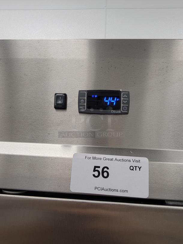 Supera PCF3-SI-HC 3-door commercial refrigerator control panel showing 44°F, with auction tag number 56 visible.